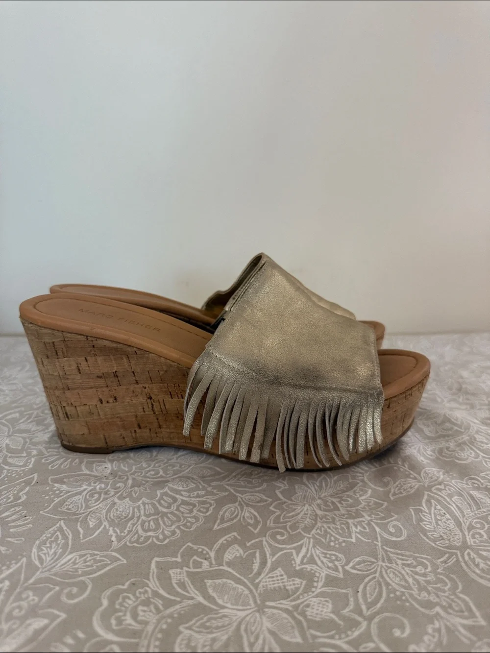 Marc Fisher Metallic Gold Fringe Cork Wedge Slides